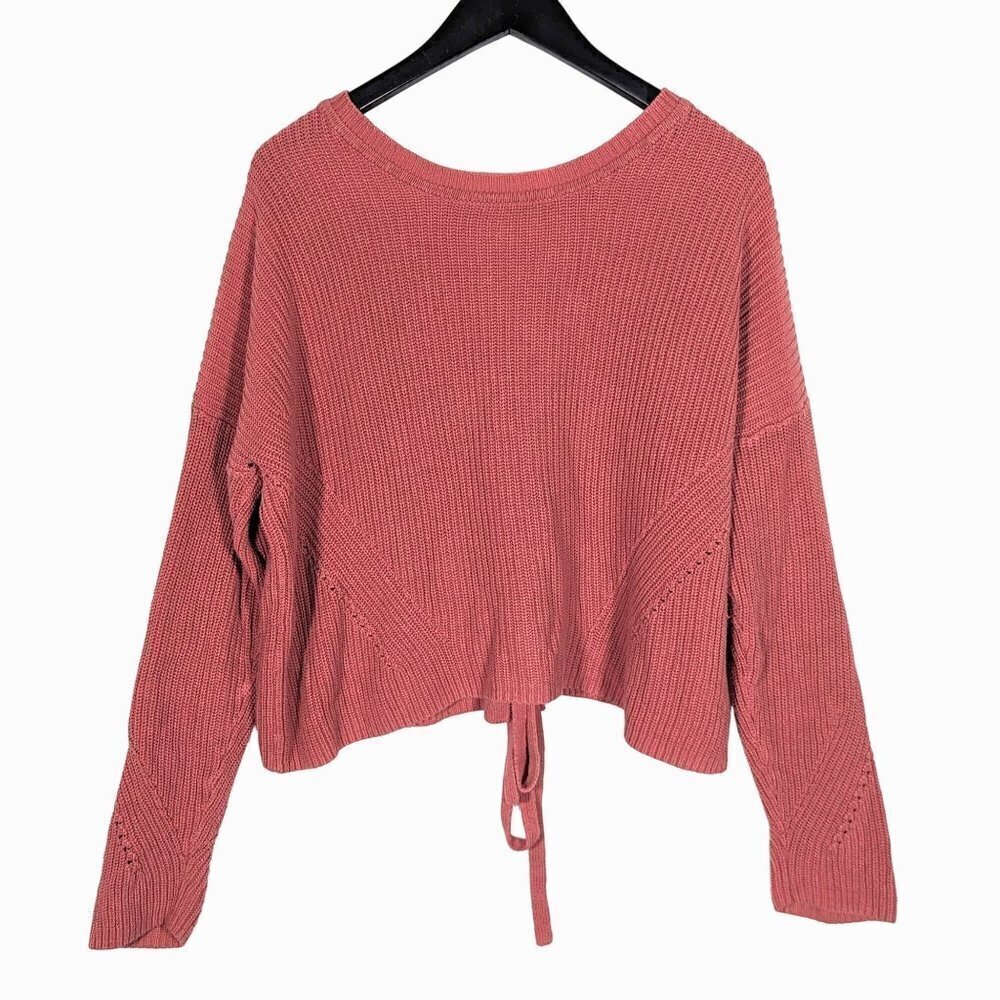 Lucky Brand Back Lace Slouchy Crop Top Sweater Womens Medium Mauve Pink Ribbed